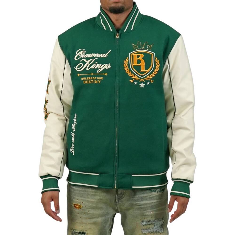 NEW BLAC LEAF crowned kings bomber jacket in green/ ivory